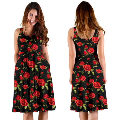 Red Rose Themed Print Sleeveless Dress