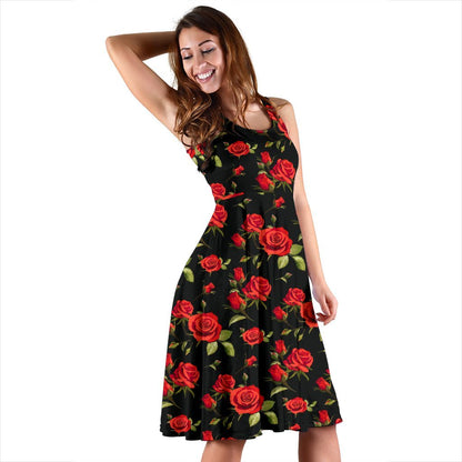 Red Rose Themed Print Sleeveless Dress