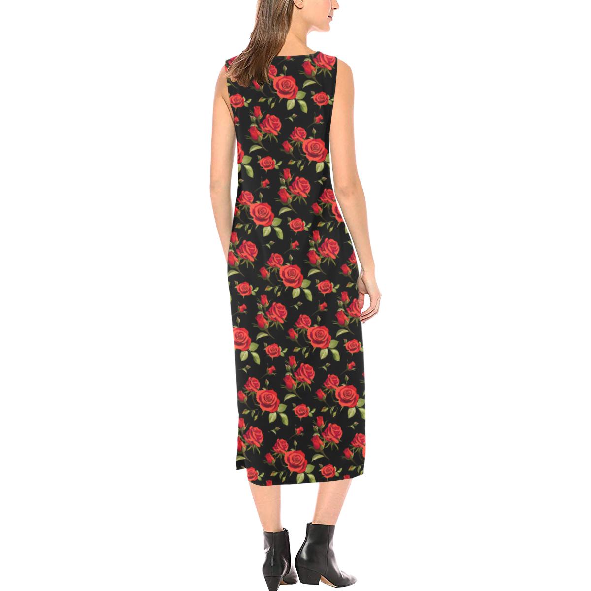 Red Rose Themed Print Sleeveless Open Fork Long Dress (Model D08)-JTAMIGO.COM