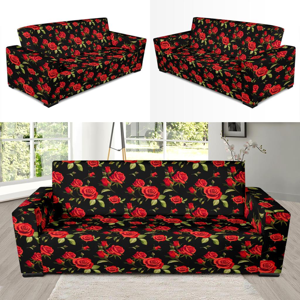 Red Rose Themed Print Sofa Slipcover-JTAMIGO.COM
