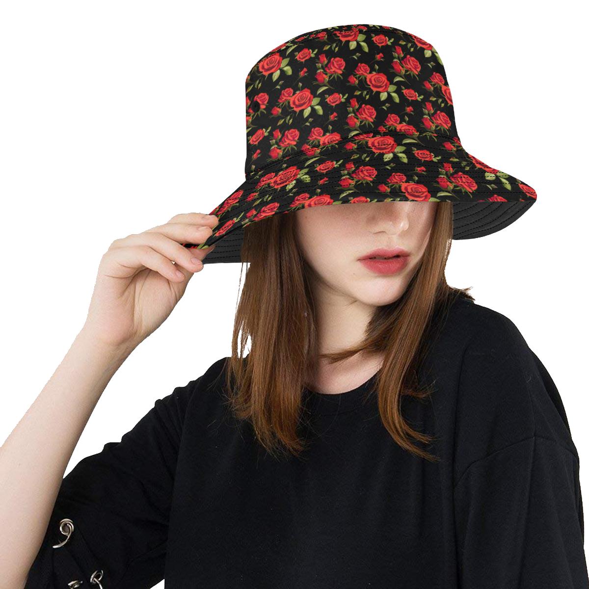 Red Rose Themed Print Unisex Bucket Hat
