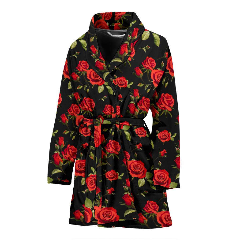 Red Rose Themed Print Women Bath Robe-JTAMIGO.COM