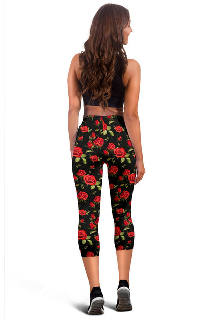 Red Rose Themed Print Women Capris
