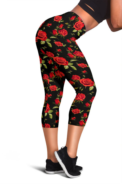 Red Rose Themed Print Women Capris