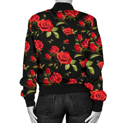 Red Rose Themed Print Women Casual Bomber Jacket