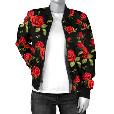 Red Rose Themed Print Women Casual Bomber Jacket