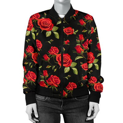 Red Rose Themed Print Women Casual Bomber Jacket