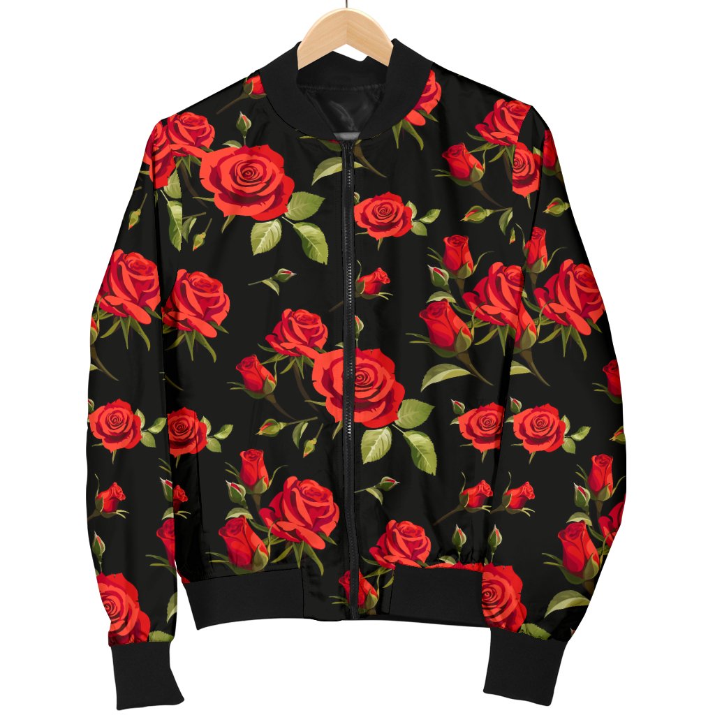 Red Rose Themed Print Women Casual Bomber Jacket
