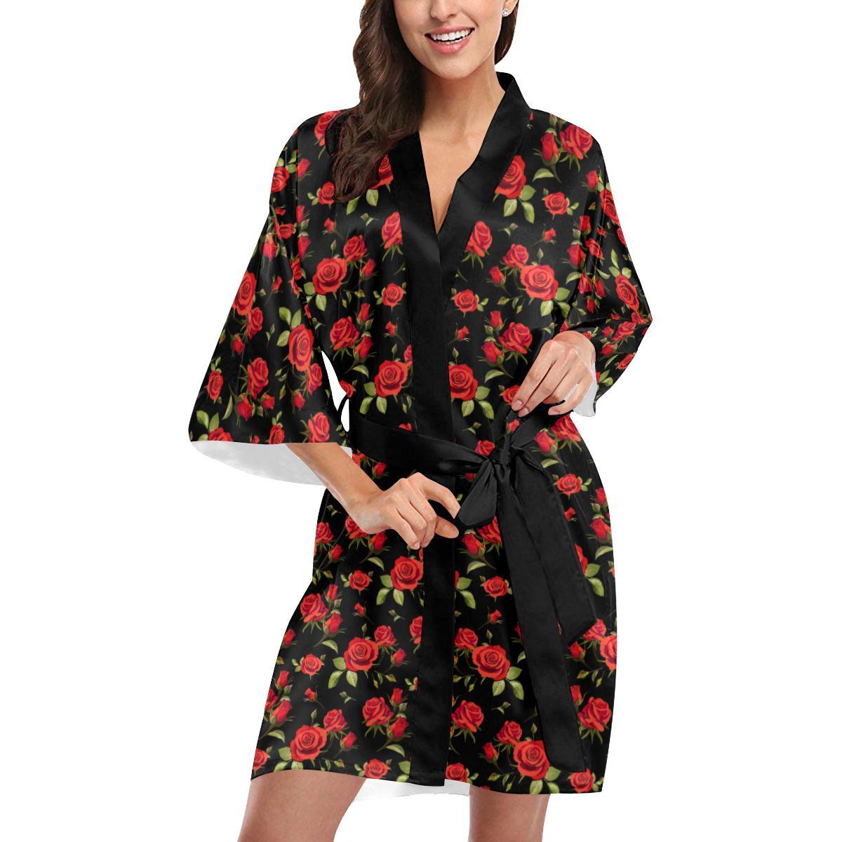 Red Rose Themed Print Women Short Kimono Robe
