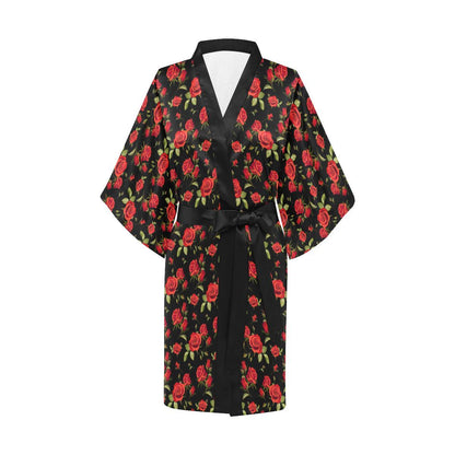 Red Rose Themed Print Women Short Kimono Robe