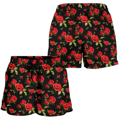 Red Rose Themed Print Women Shorts-JTAMIGO.COM