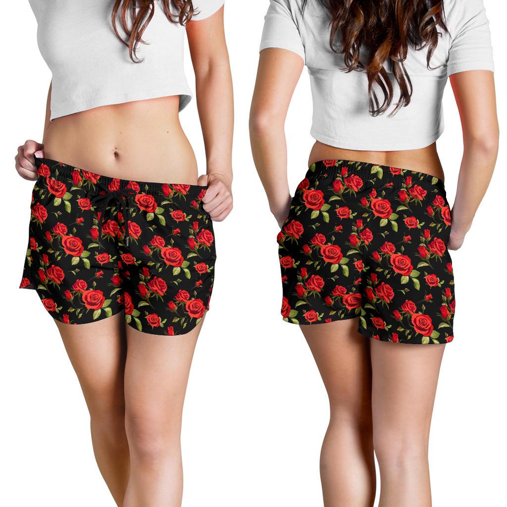 Red Rose Themed Print Women Shorts-JTAMIGO.COM