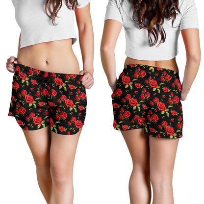 Red Rose Themed Print Women Shorts-JTAMIGO.COM