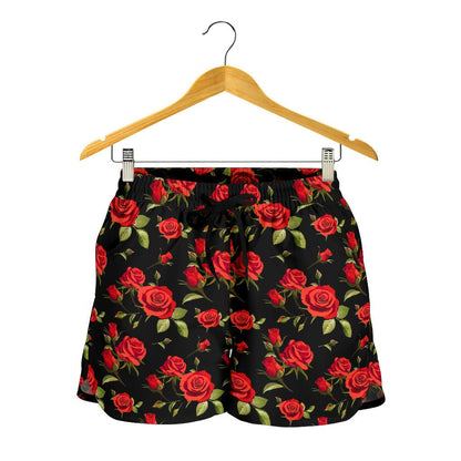 Red Rose Themed Print Women Shorts-JTAMIGO.COM