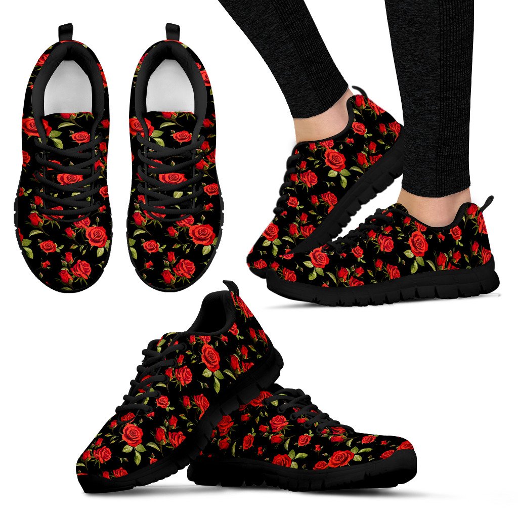Red Rose Themed Print Women Sneakers Shoes