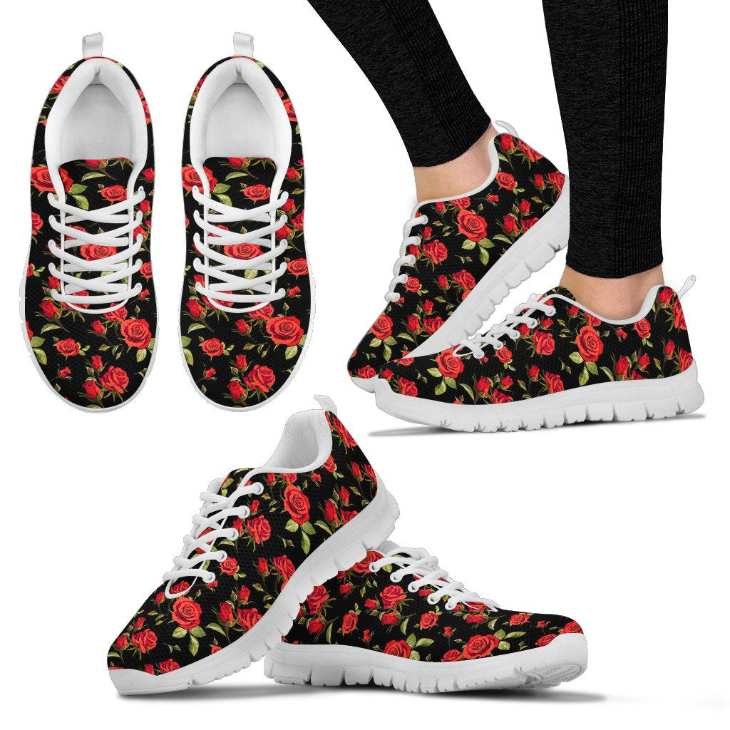 Red Rose Themed Print Women Sneakers Shoes