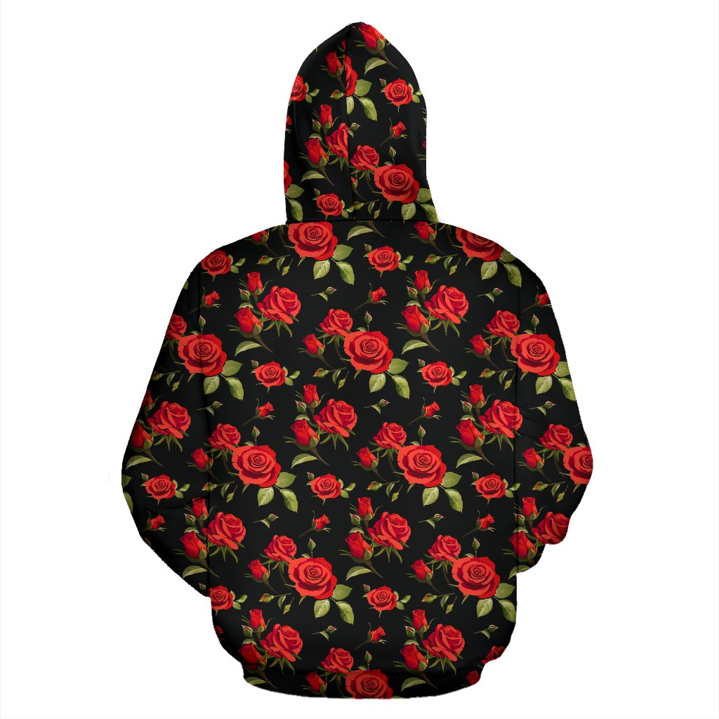 Red Rose Themed Print Zip Up Hoodie