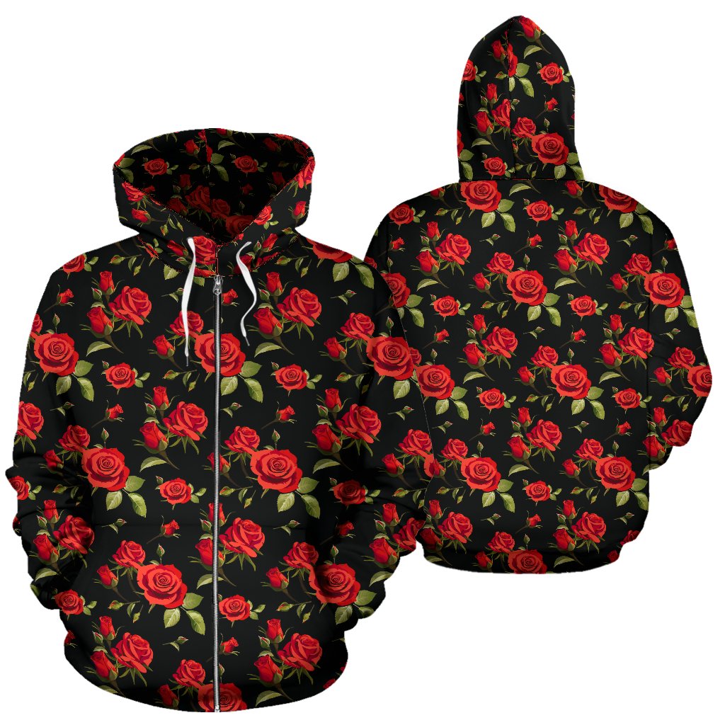 Red Rose Themed Print Zip Up Hoodie