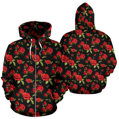 Red Rose Themed Print Zip Up Hoodie