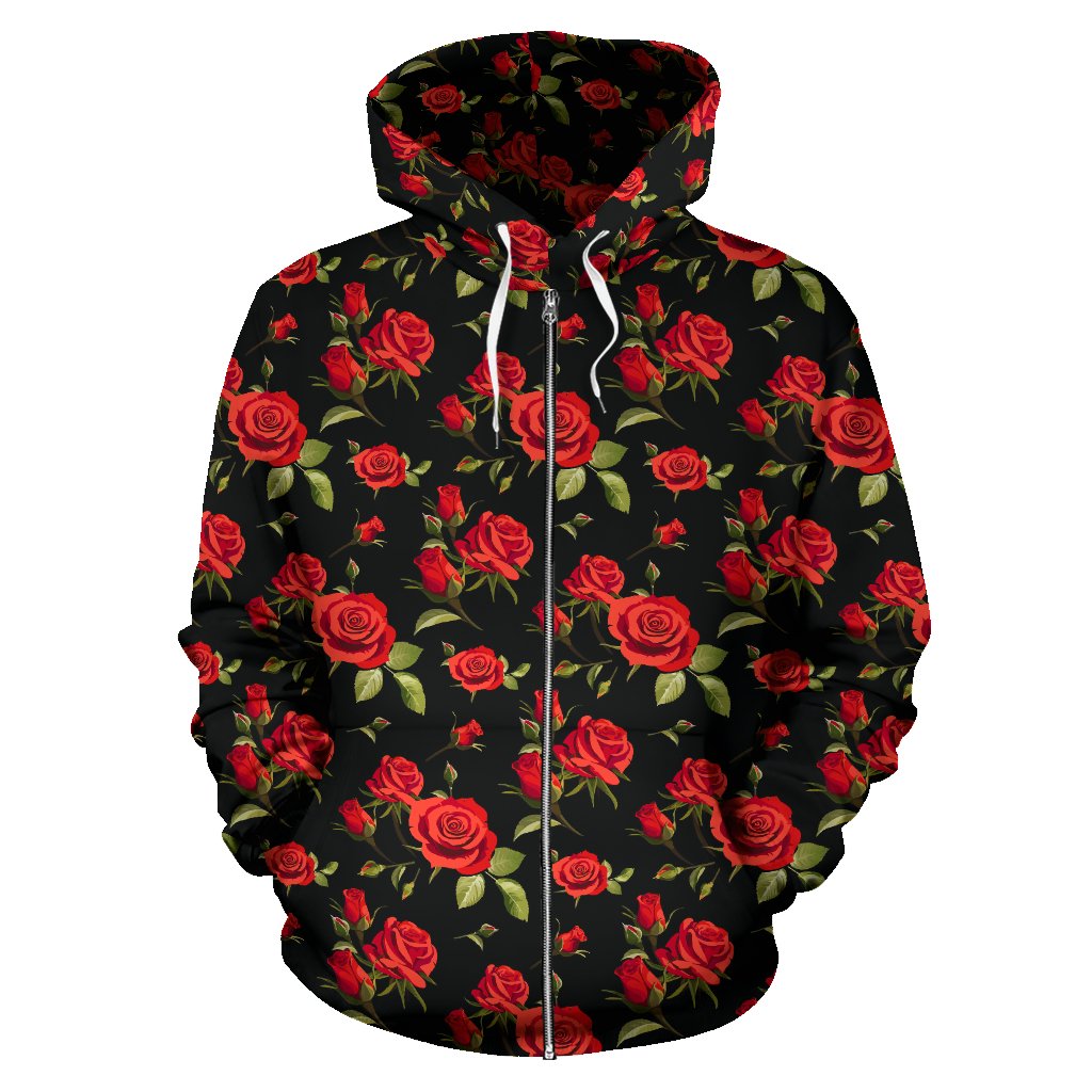 Red Rose Themed Print Zip Up Hoodie