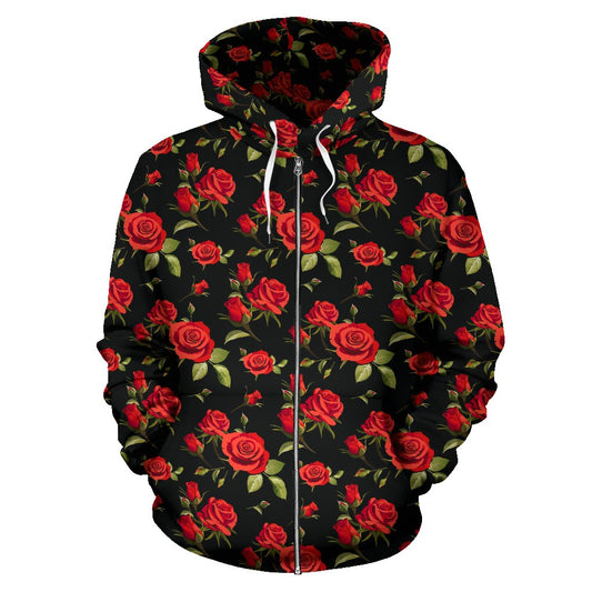 Red Rose Themed Print Zip Up Hoodie