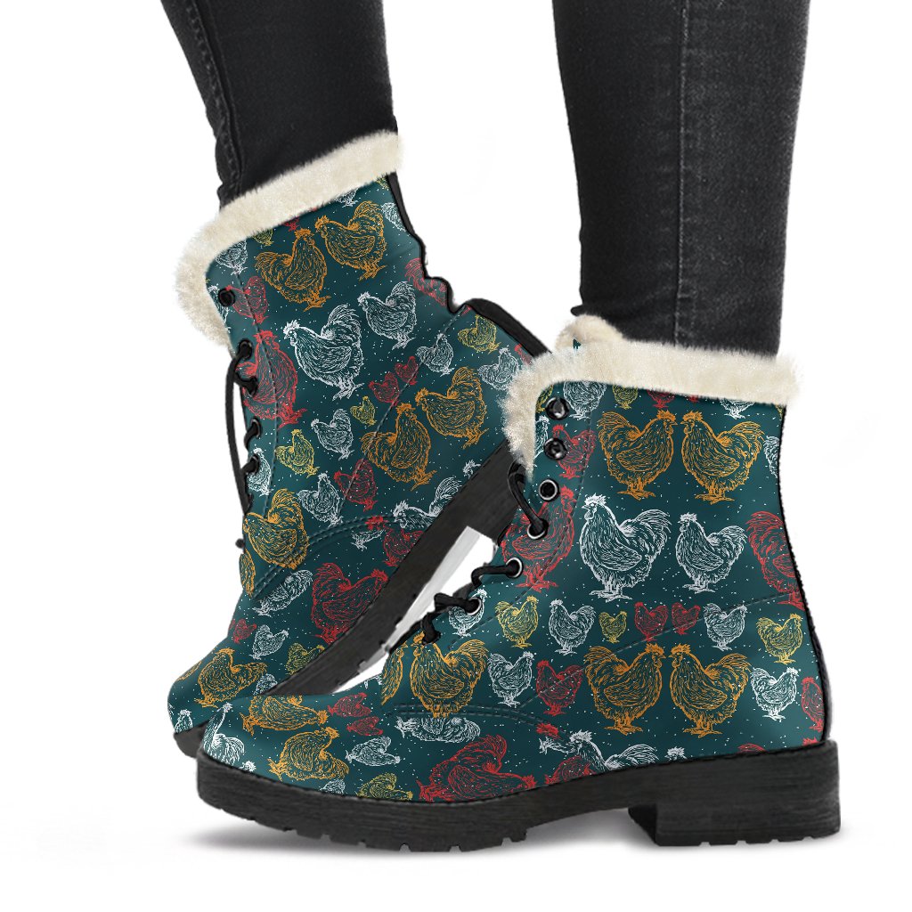 Rooster Hand Draw Design Faux Fur Leather Boots-JTAMIGO.COM