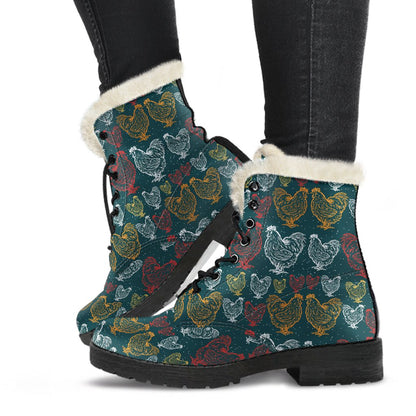 Rooster Hand Draw Design Faux Fur Leather Boots-JTAMIGO.COM