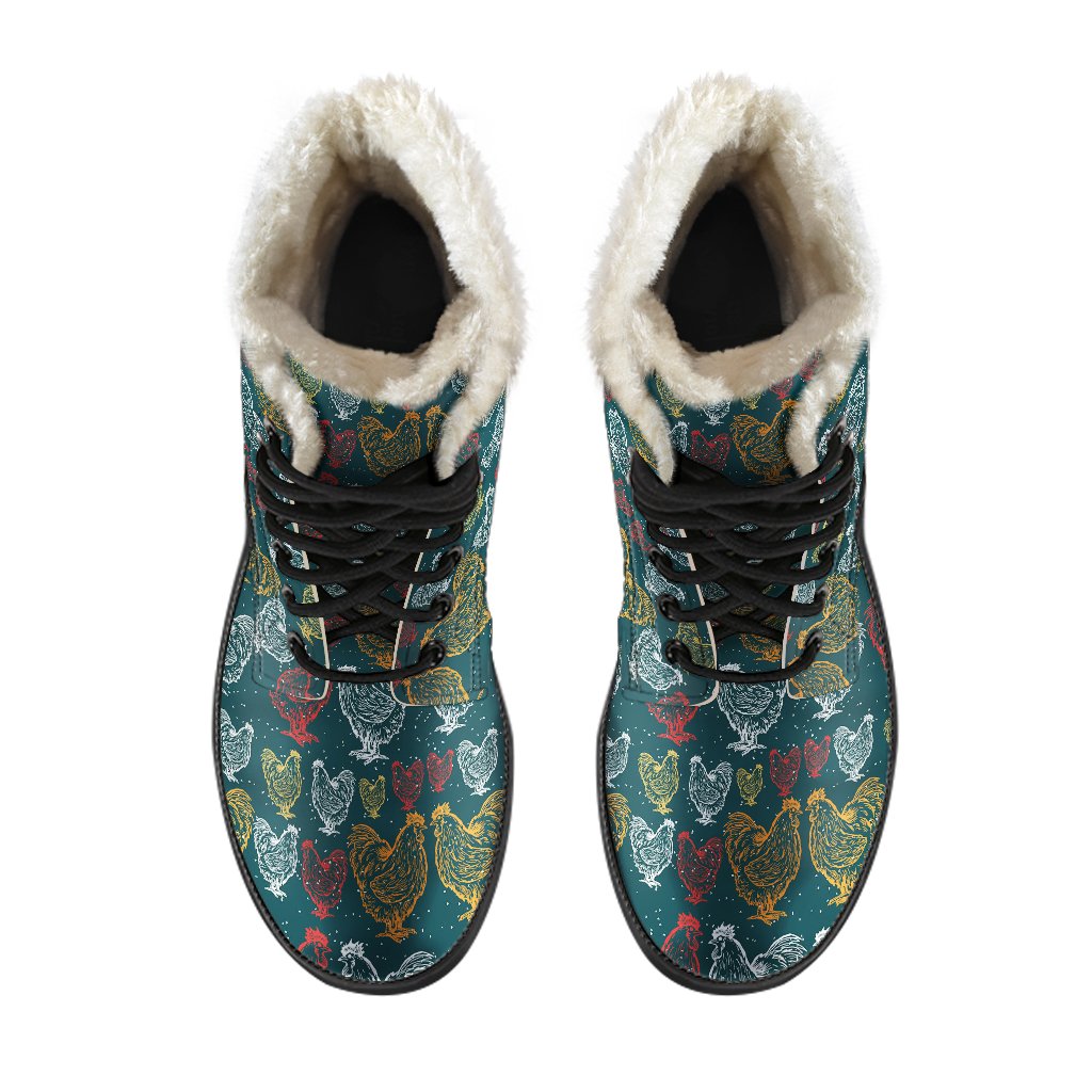 Rooster Hand Draw Design Faux Fur Leather Boots-JTAMIGO.COM