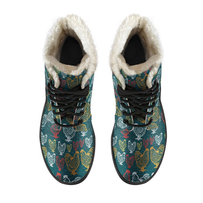 Rooster Hand Draw Design Faux Fur Leather Boots-JTAMIGO.COM