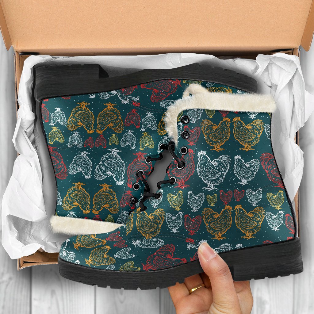 Rooster Hand Draw Design Faux Fur Leather Boots-JTAMIGO.COM