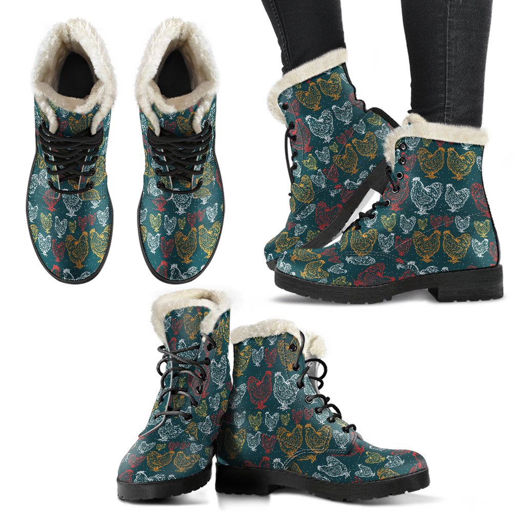 Rooster Hand Draw Design Faux Fur Leather Boots-JTAMIGO.COM