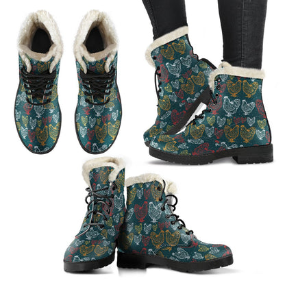 Rooster Hand Draw Design Faux Fur Leather Boots-JTAMIGO.COM