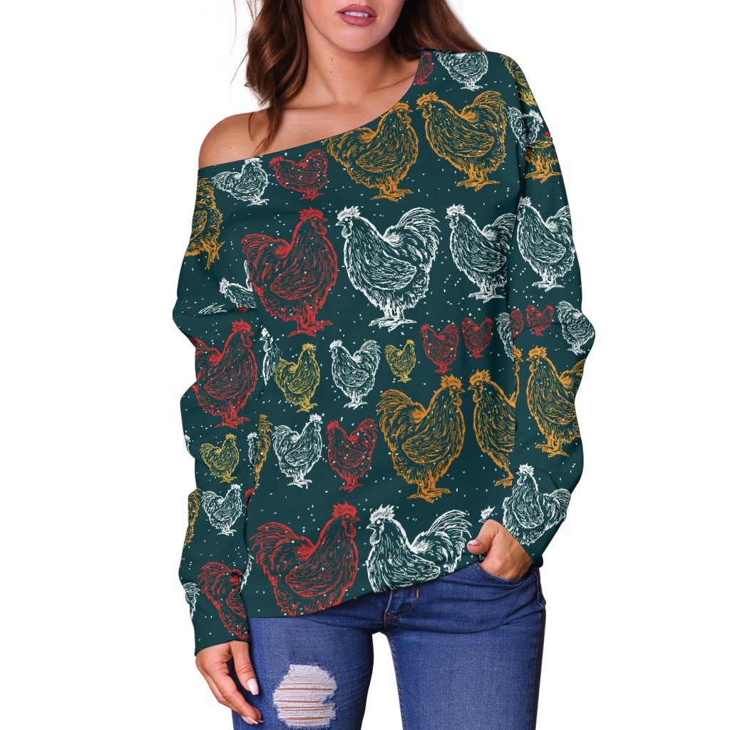 Rooster Hand Draw Design Off Shoulder Sweatshirt