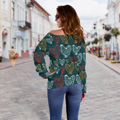 Rooster Hand Draw Design Off Shoulder Sweatshirt