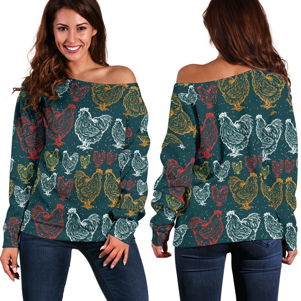 Rooster Hand Draw Design Off Shoulder Sweatshirt