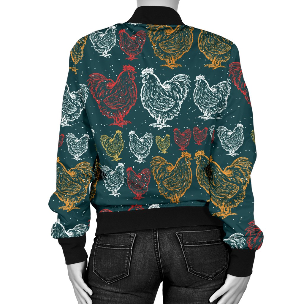 Rooster Hand Draw Design Women Casual Bomber Jacket