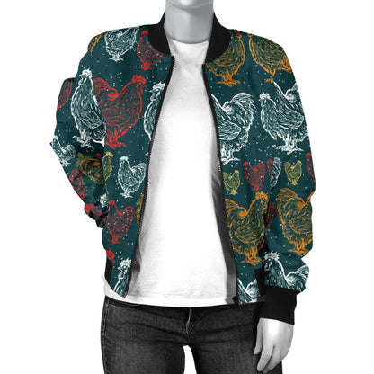 Rooster Hand Draw Design Women Casual Bomber Jacket