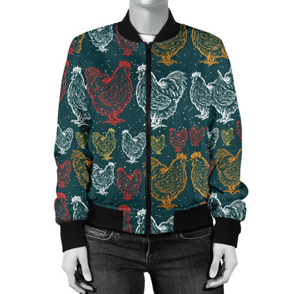Rooster Hand Draw Design Women Casual Bomber Jacket