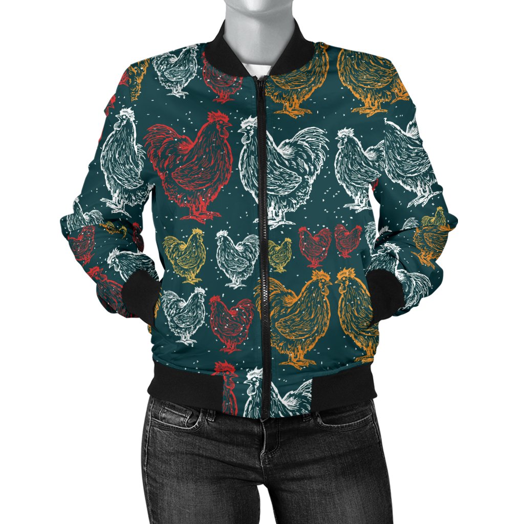 Rooster Hand Draw Design Women Casual Bomber Jacket