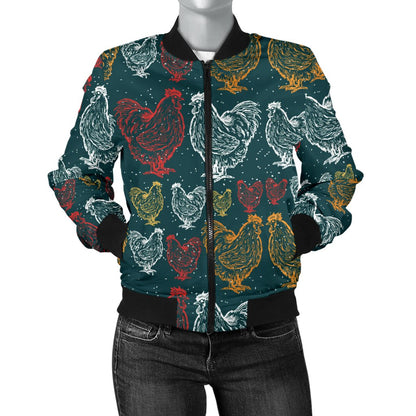 Rooster Hand Draw Design Women Casual Bomber Jacket