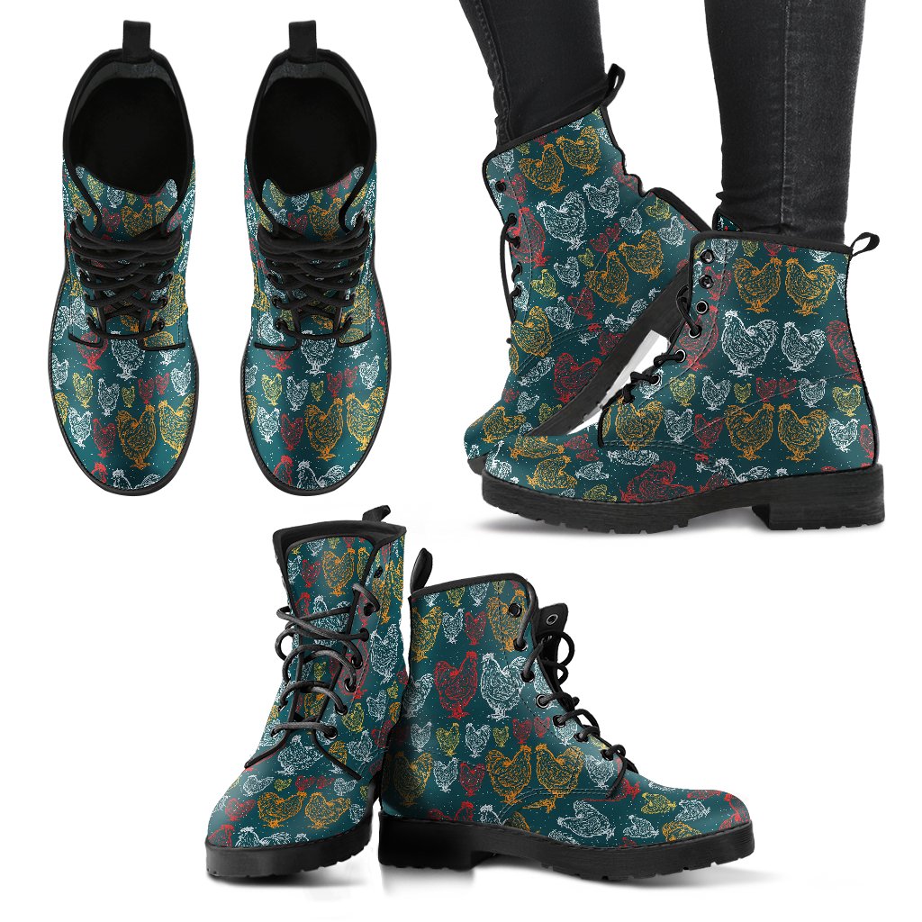 Rooster Hand Draw Design Women Leather Boots-JTAMIGO.COM
