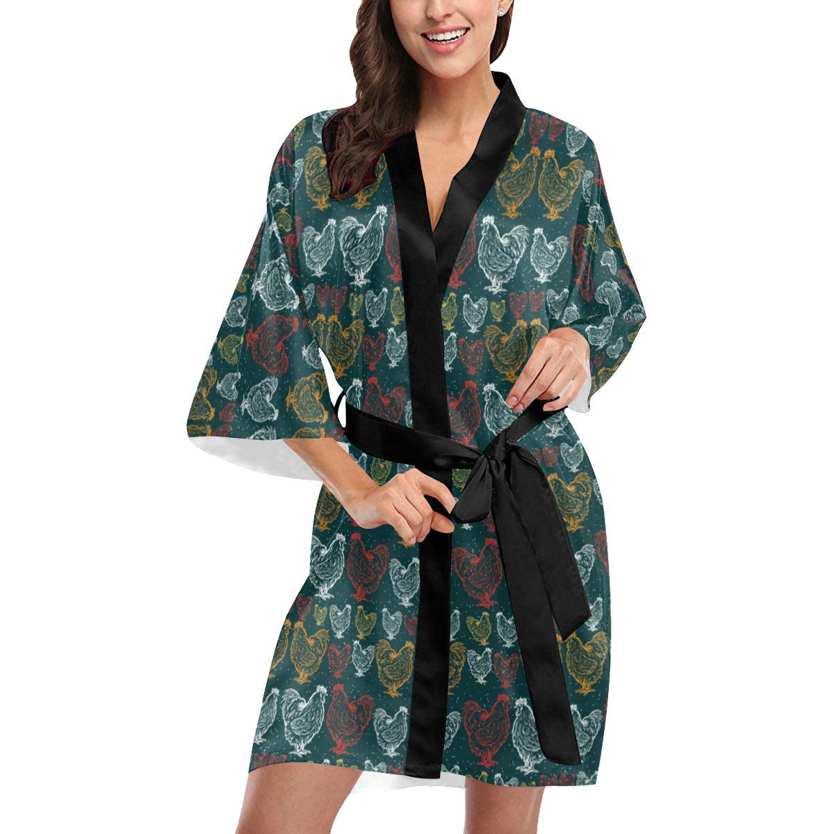 Rooster Hand Draw Design Women Short Kimono Robe