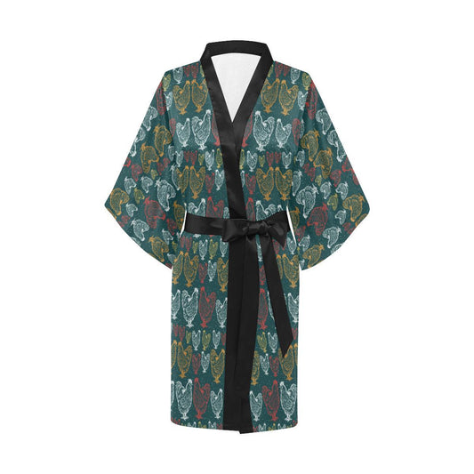 Rooster Hand Draw Design Women Short Kimono Robe