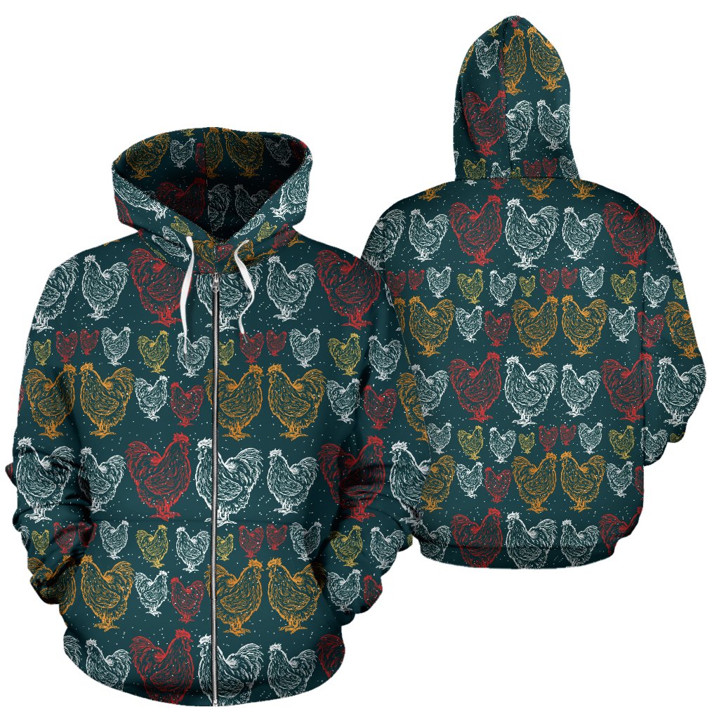 Rooster Hand Drawn Design Zip Up Hoodie