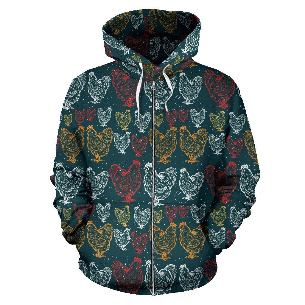 Rooster Hand Drawn Design Zip Up Hoodie