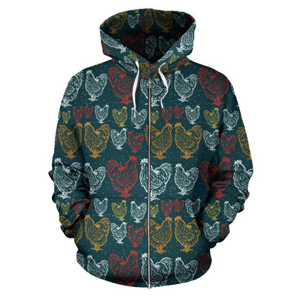 Rooster Hand Drawn Design Zip Up Hoodie