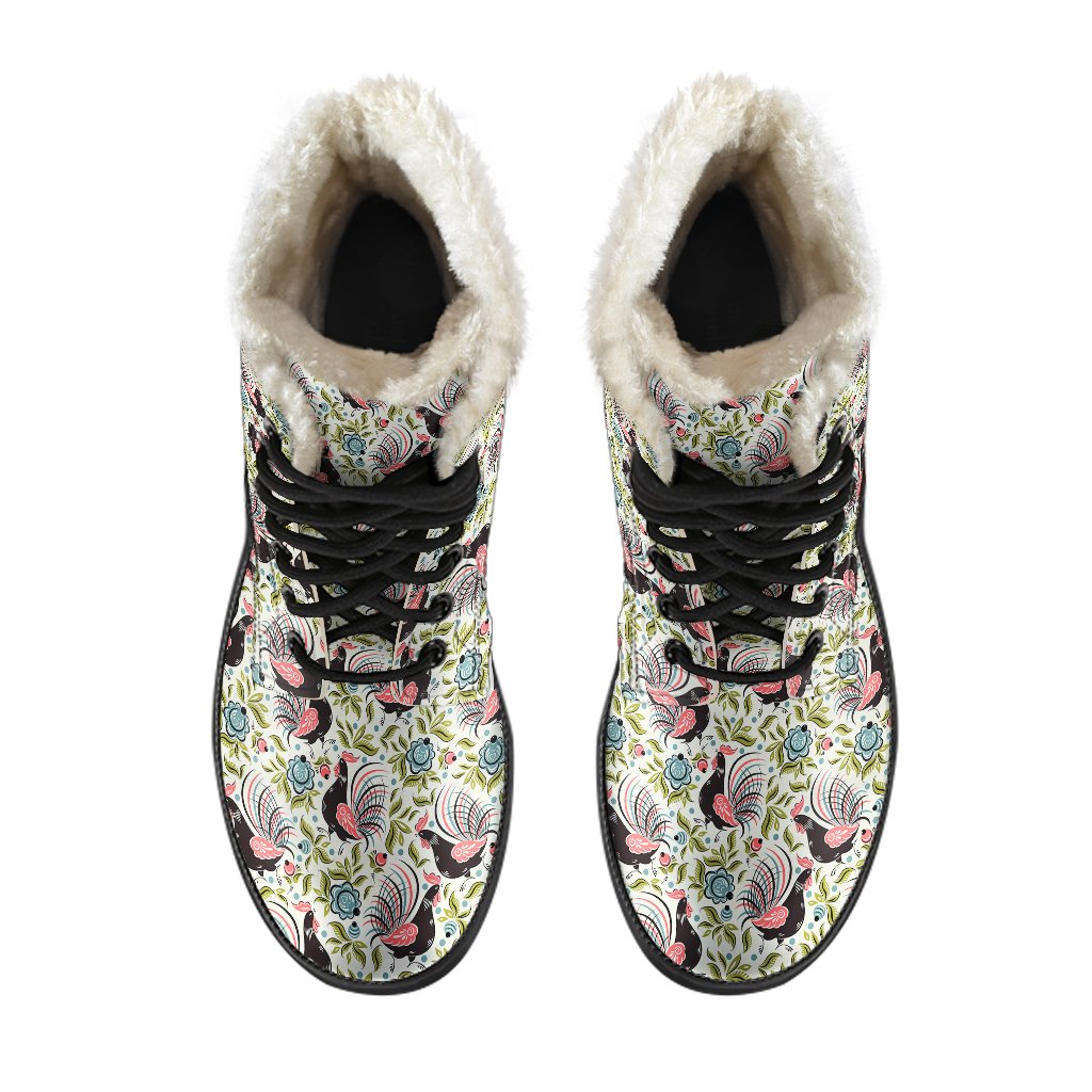 Rooster Print Design Faux Fur Leather Boots-JTAMIGO.COM
