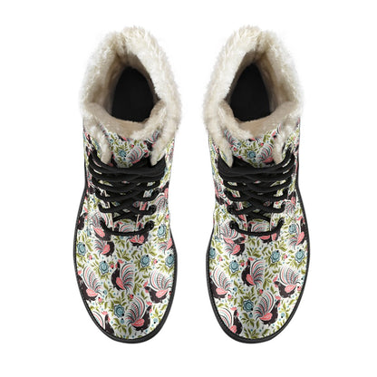 Rooster Print Design Faux Fur Leather Boots-JTAMIGO.COM