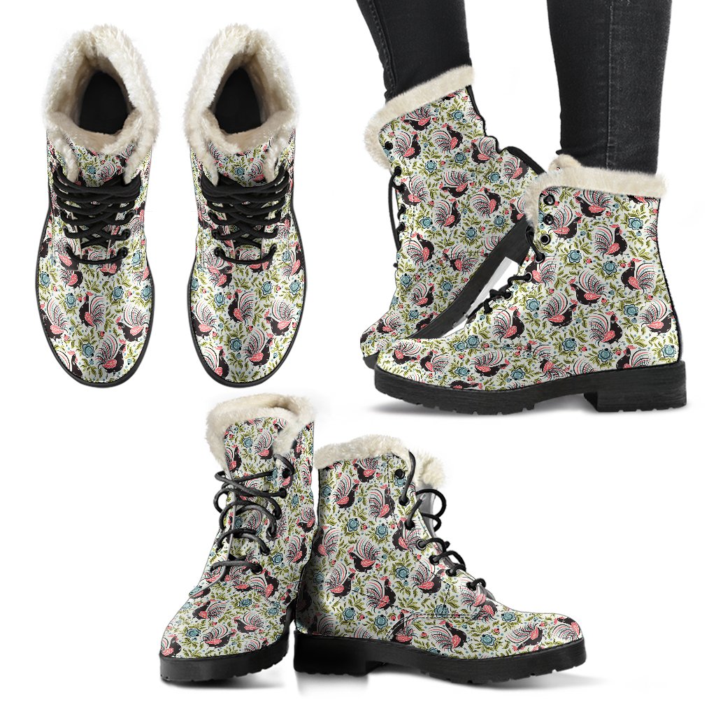 Rooster Print Design Faux Fur Leather Boots-JTAMIGO.COM