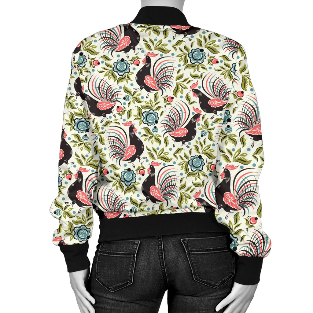 Rooster Print Design Women Casual Bomber Jacket